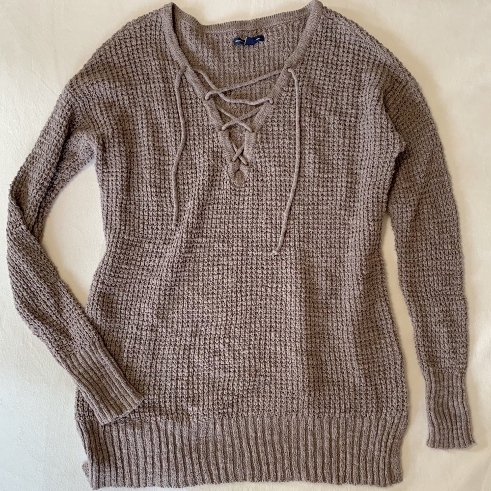 AE tie up v-neck brown knit sweater
